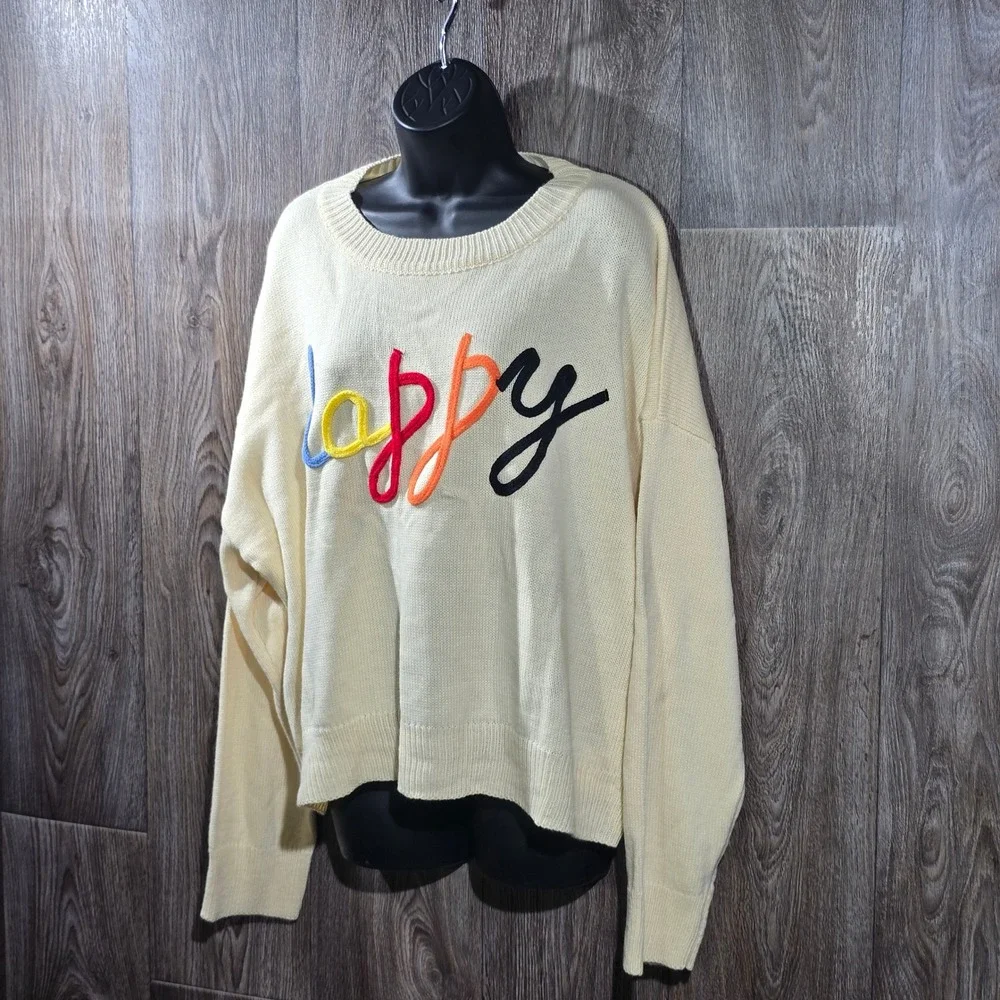 Shein Curve Women's 3XL Cream‎ Happy Graphic Crew Neck Pullover Sweater